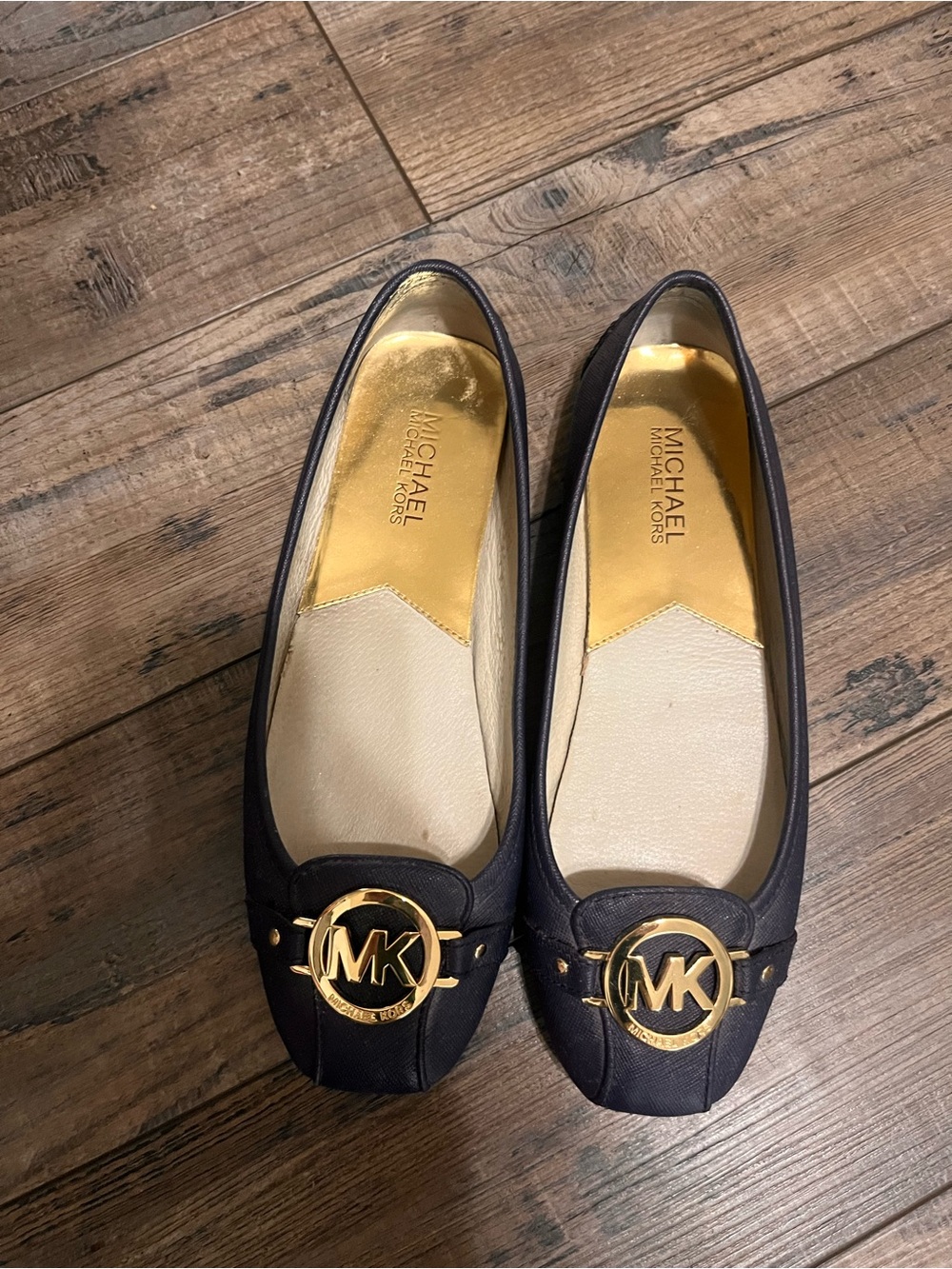 MICHAEL Michael Kors Black Flats with Gold MK Logo Hardware
